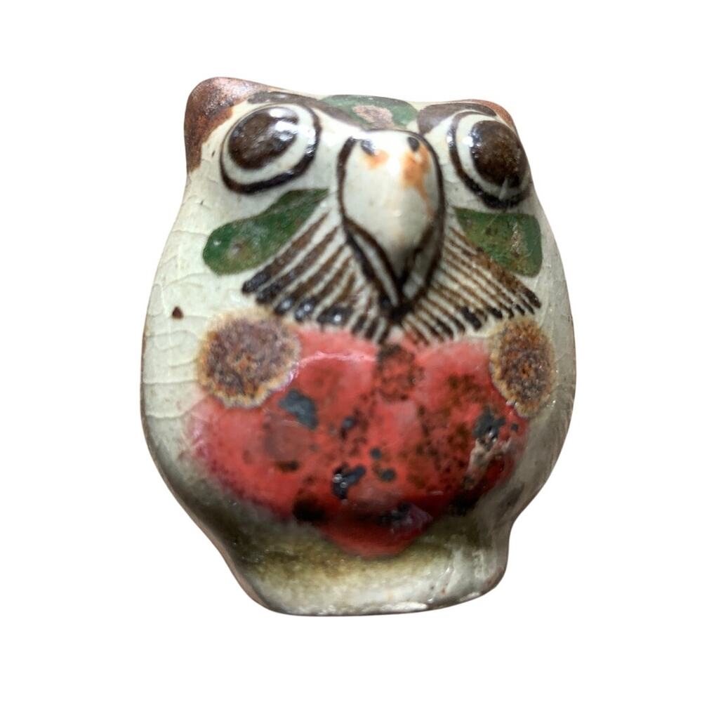 Vintage 70s Miniature  Tonala Pottery Owl Signed  Beige Blue Brown Approx 2"